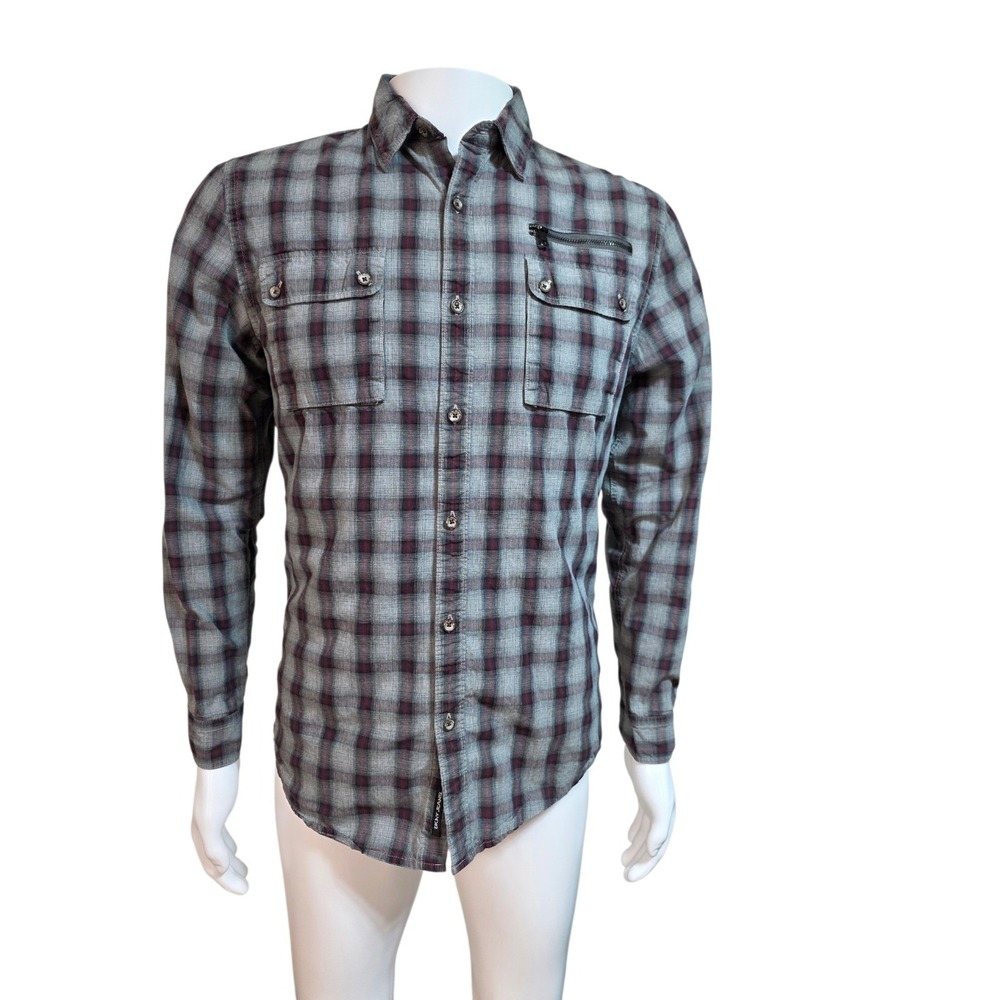 DKNY Jeans Men's S Gray Burgundy Plaid Button Down Utility Zip Pocket Shirt